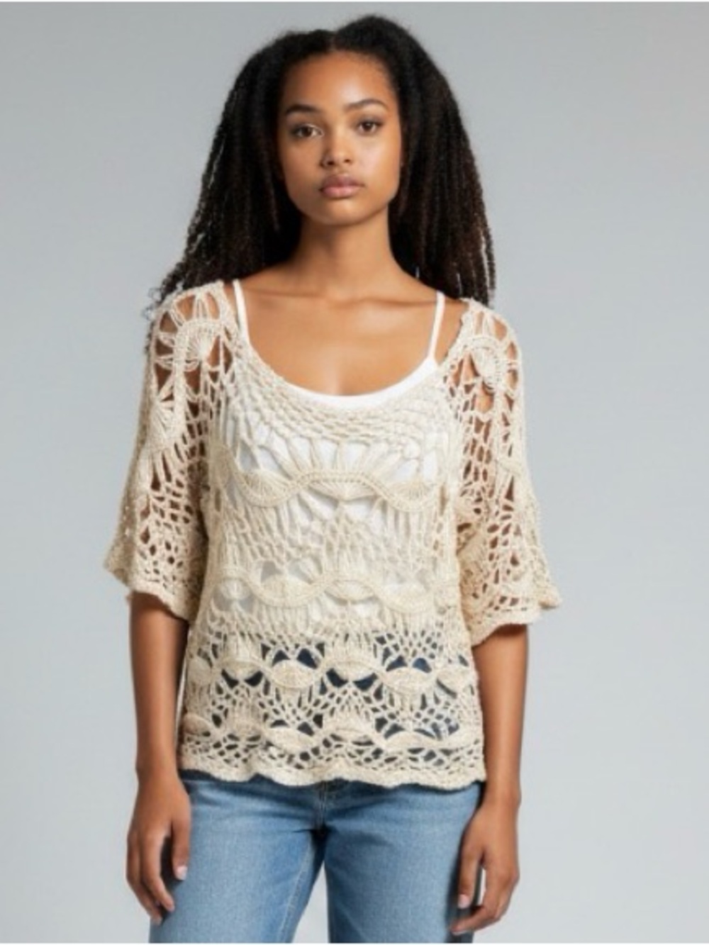 Nine West Women’s Vintage America Crochet Open Knit Boho Top Cream Size L Hippie